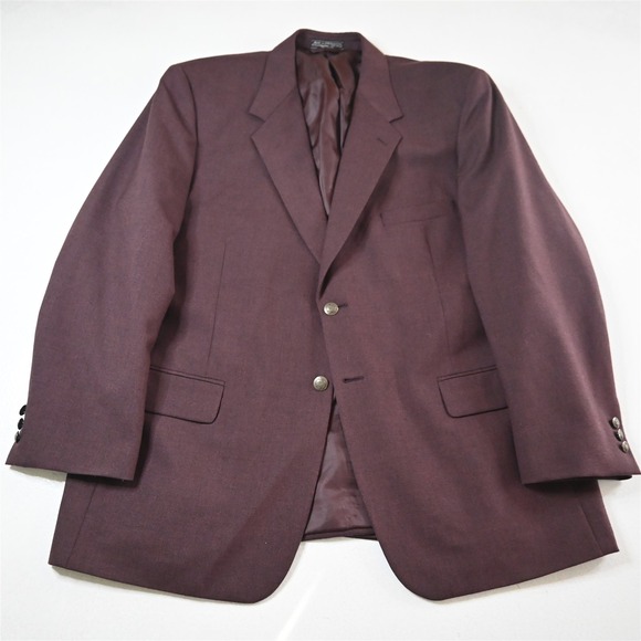 Vtg Mens 46R‎ Dark Red Hopsack Gold Button Mens Blazer Suit Jacket Sport Coat